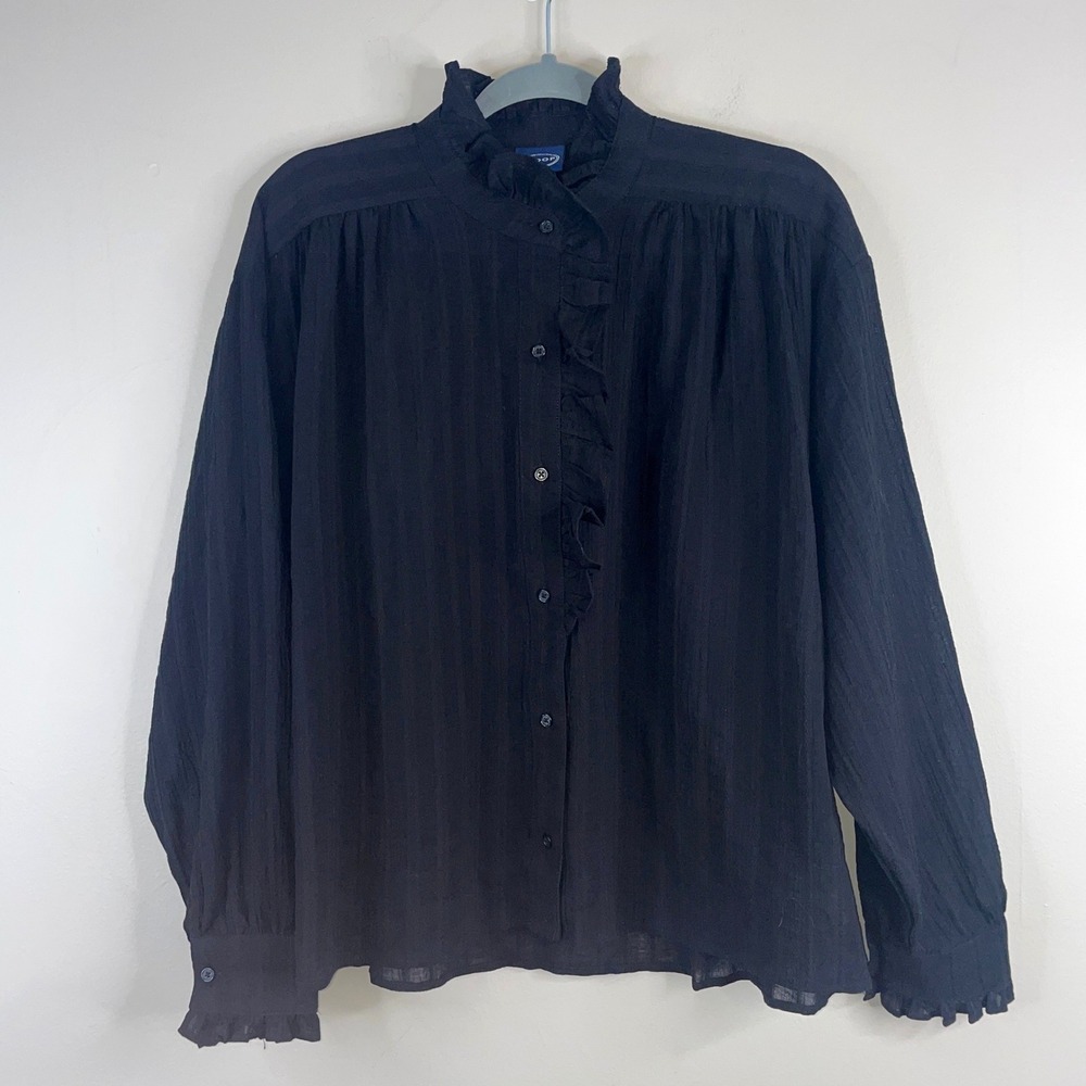Vintage Y2K High Neck Top Medium Black Victorian Steampunk Ruffle Front Gothic